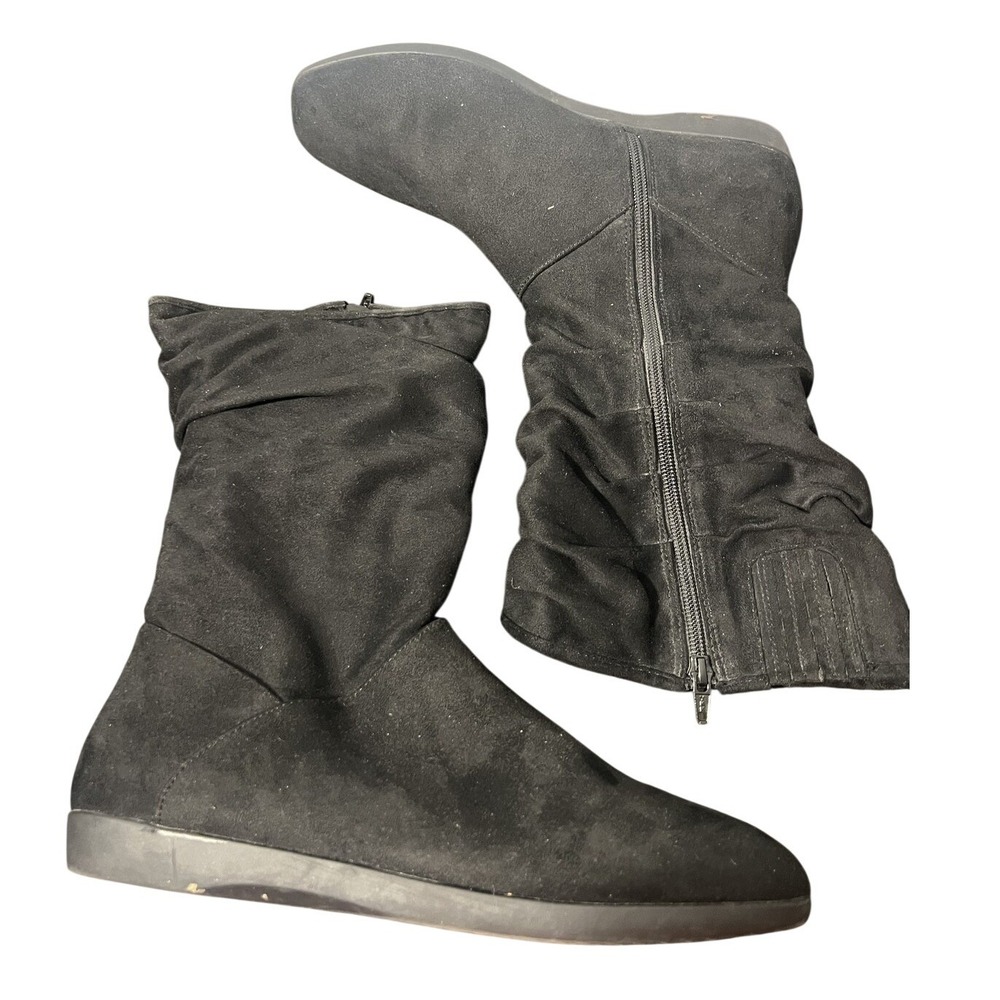 Comfortview Women's Black Faux Suede Slouch Mid-Calf Boots Side Zip Flat